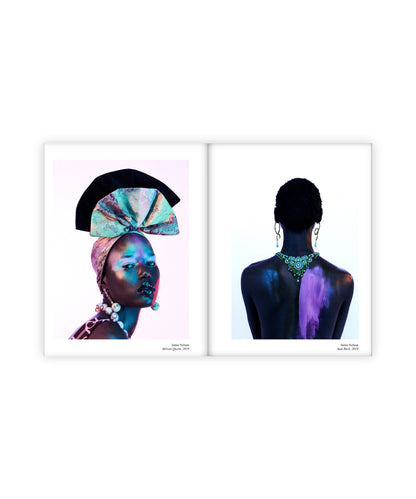Two artistic prints of a sudanese African woman with a colorful headwrap and another with a back view with artistic pink paint smudged on her. Both are featured on a white background in a book format by Los Angeles fashion and beauty photographer Jamie Nelson.