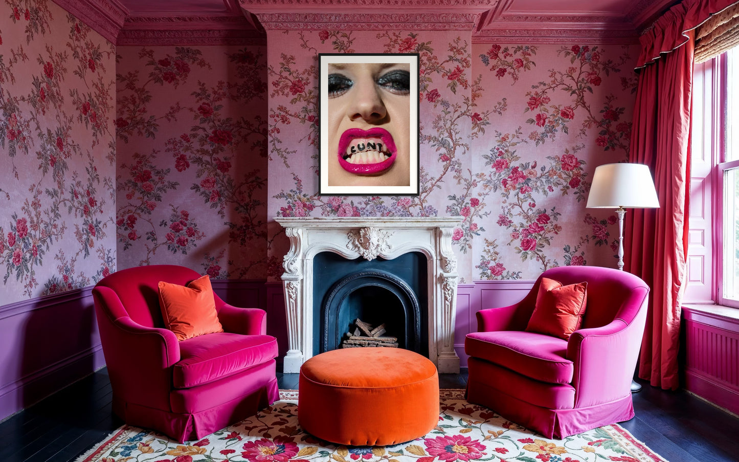 Framed art of Amy Taylor of Amyl and the Sniffers snarling her mouth exposing the words 'CUNT' on her teeth.