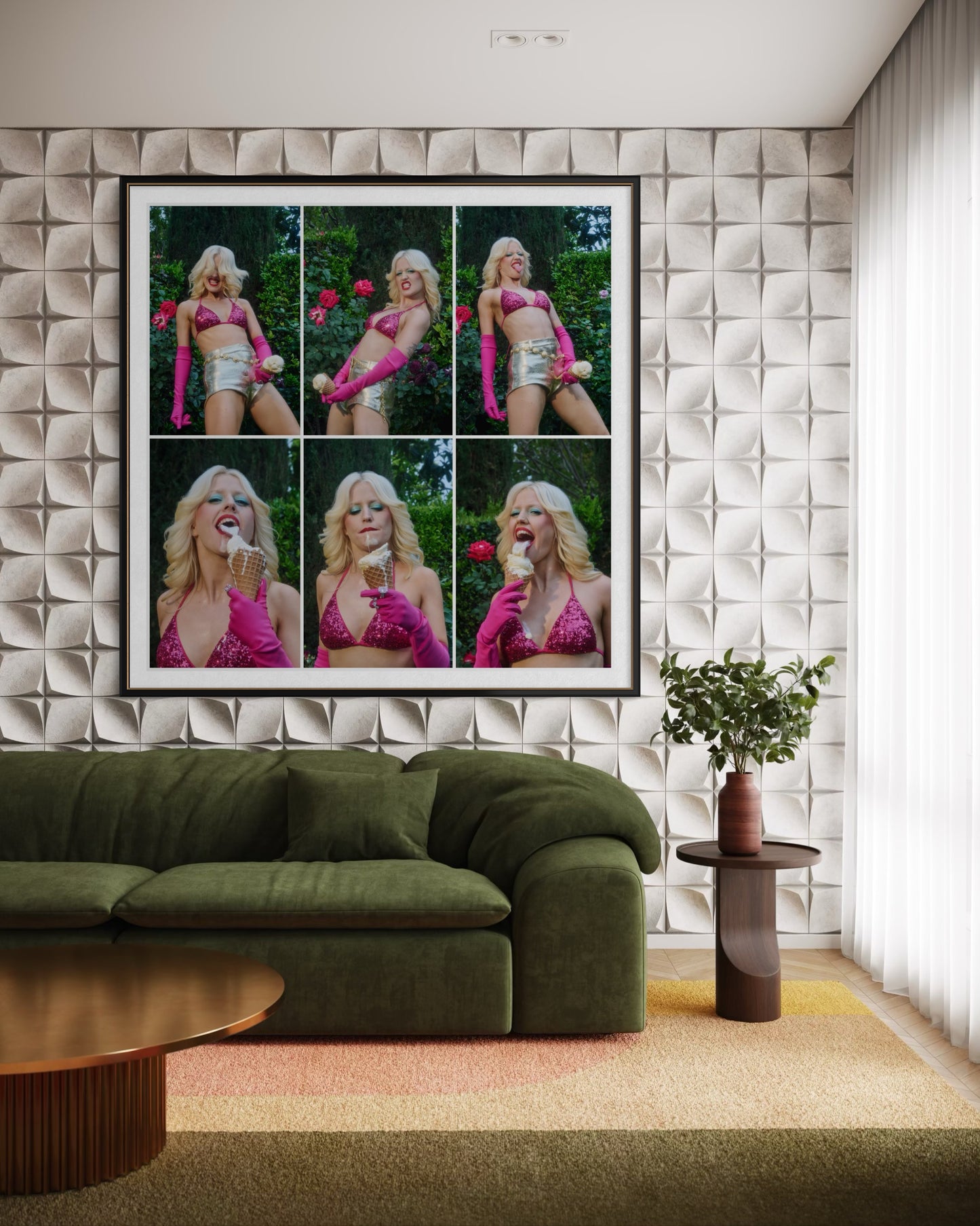 Collage artwork of Amy Louise Taylor (Amyl and the Sniffers)  in various poses and expressions with a phallic ice cream cone near her crotch in front of a rosebush.