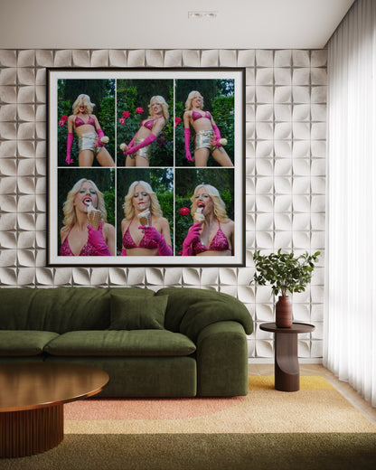 Collage artwork of Amy Louise Taylor (Amyl and the Sniffers)  in various poses and expressions with a phallic ice cream cone near her crotch in front of a rosebush.