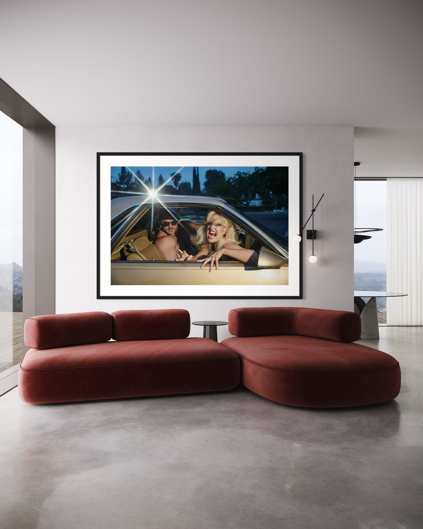 Large modern framed artwork of woman (Amy Taylor of Amyl and the Sniffers) and a muscular man in a gold retro car.