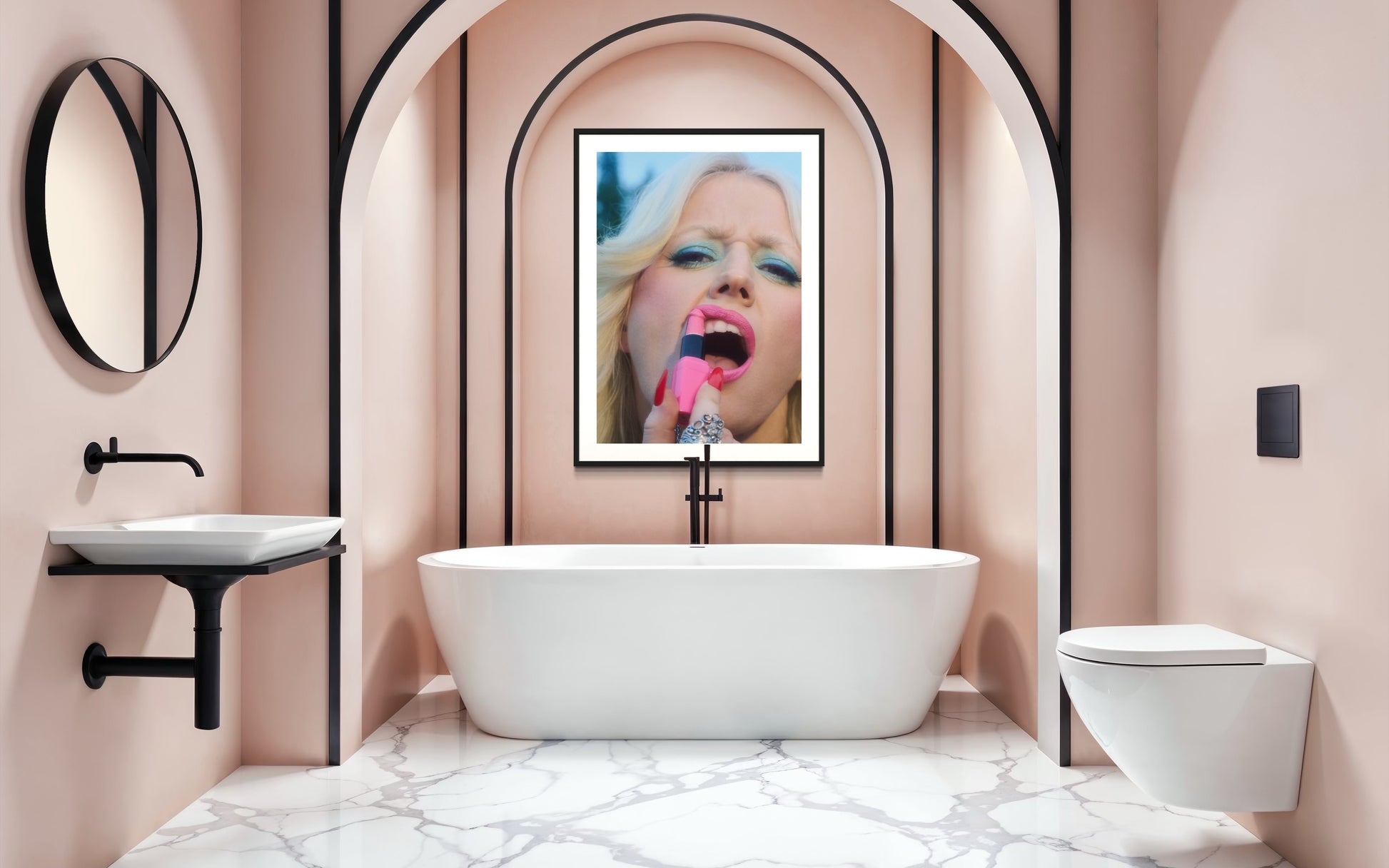 Framed artwork of Amy Taylor of Amyl and the Sniffers applying a penis shaped lipstick in bathroom mirror.
