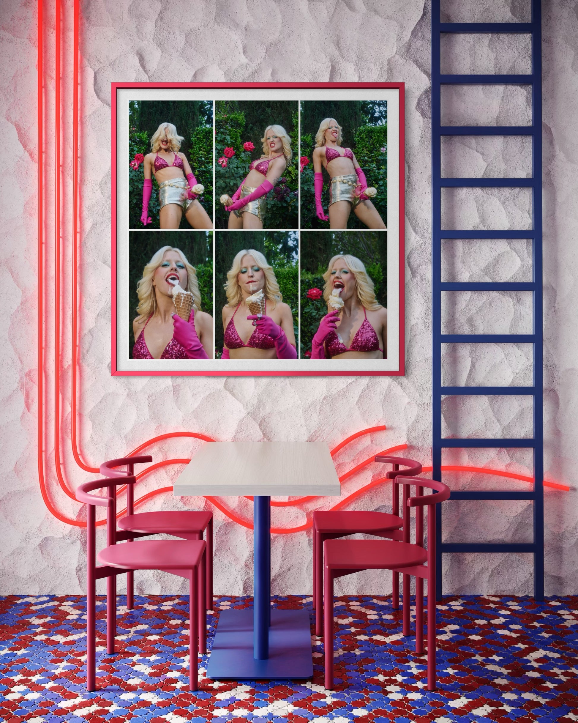 Art collage of Amy Taylor by Jamie Nelson.  In this energetic six image collage, the rebellious singer of the band Amyl and the Sniffers is posing suggestively with a phallic ice cream cone giving girl boss energy.