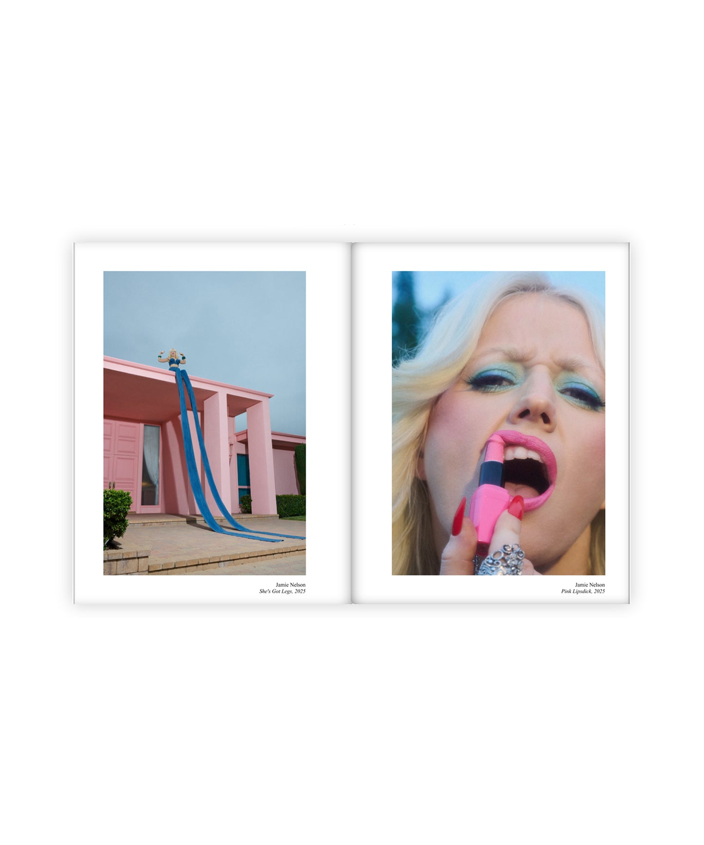 An open book featuring images of a girl on top of a pink house wearing 20 foot long jeans. Next to that image is a retro styled blonde girl wearing blue eyeliner applying phallic shaped pink lipstick.