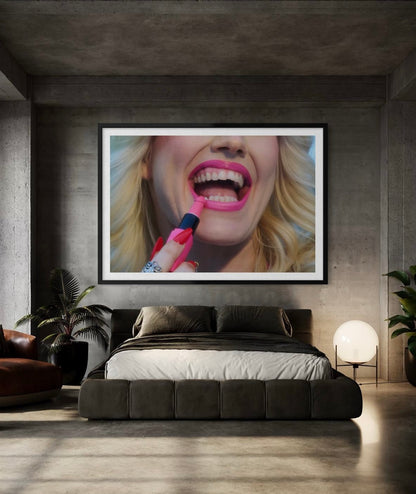 Framed artwork of Amy Taylor (Amyl and the Sniffers), photographed by Jamie Nelson. She is holding pink lipstick that is penis shaped.