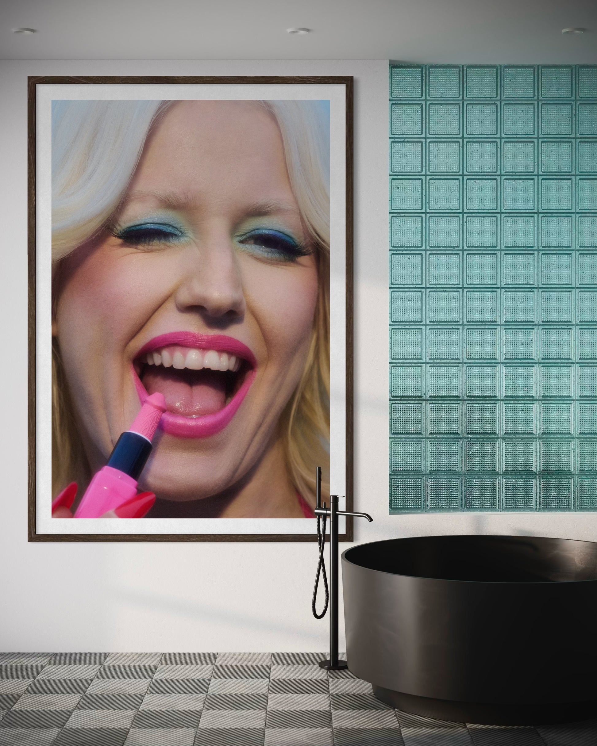 Artwork of a vintage style rock and roll singer applying pink phallus shaped lipstick while winking and laughing.