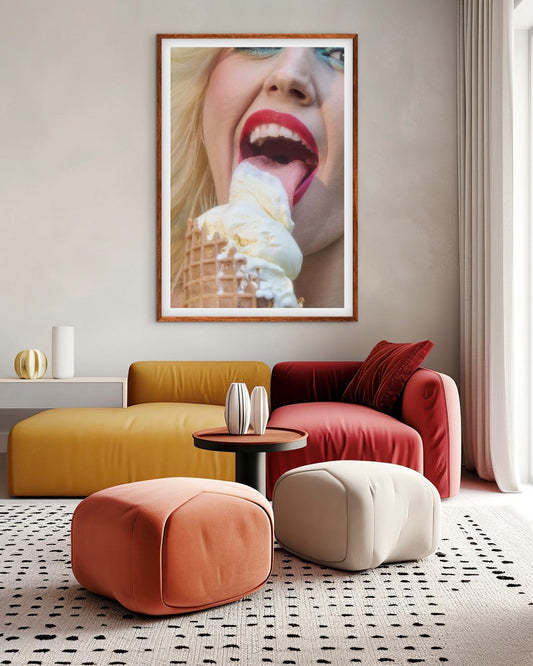 Close-up of Amy Taylor (Amyl and the Sniffers) licking ice cream by renowned  Jamie Nelson, Los Angeles fine art, celebrity, and editorial fashion photographer. 