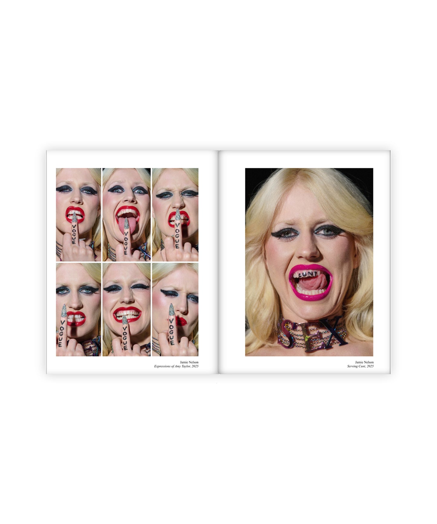 A display of an open book showing two images side by side. The image on the left features a collage of a blond woman making multiple expressions while flipping off the camera. Her finger has 'Vogue' written on it'. The image on the right is of a blonde woman with 70s styled hair sticking her tongue out. The words 'Cunt' are written in black on her teeth and her necklace reads 'SEX'.