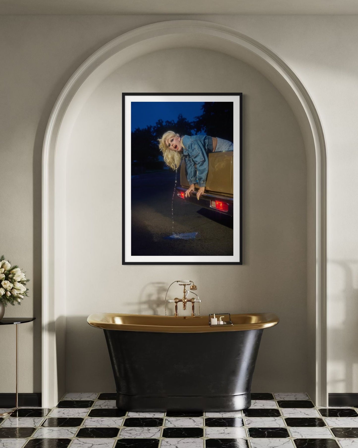 Framed artwork of Amy Taylor, singer of Amyl and the Sniffers, puking glitter from the back of an El Camino.