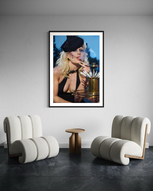Framed artwork of punk front woman Amy Taylor (Amyl and the Sniffers) smoking cigarettes out of a vintage cigarette dispenser while wearing a vintage black hat with veil.