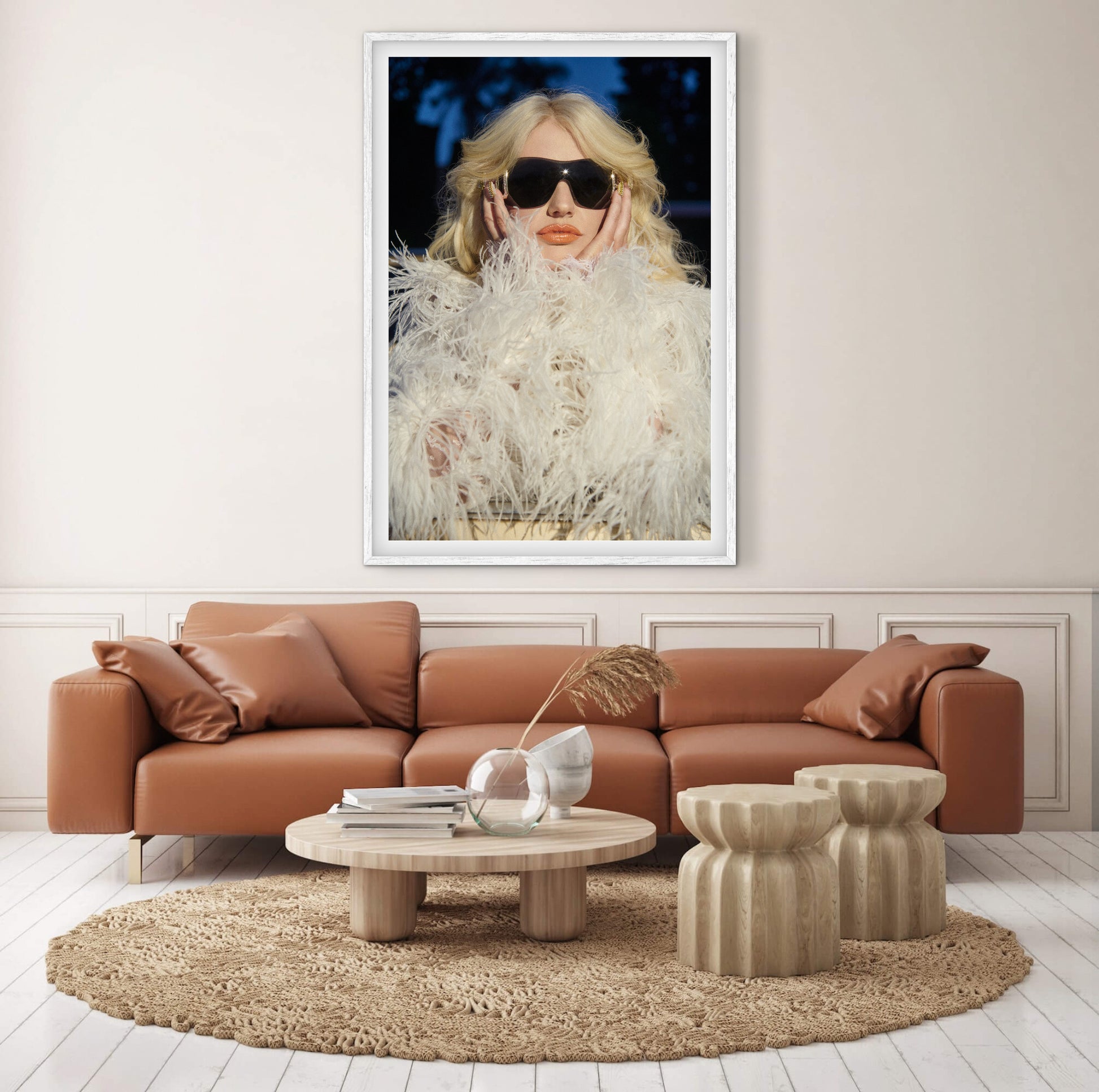 Wall decor of Amy Taylor of Amyl and the Sniffers with a '70s flipped out Farrah Fawcett hairstyle wearing a fluffy white marabou jacket and sunglasses at night in Hollywood.