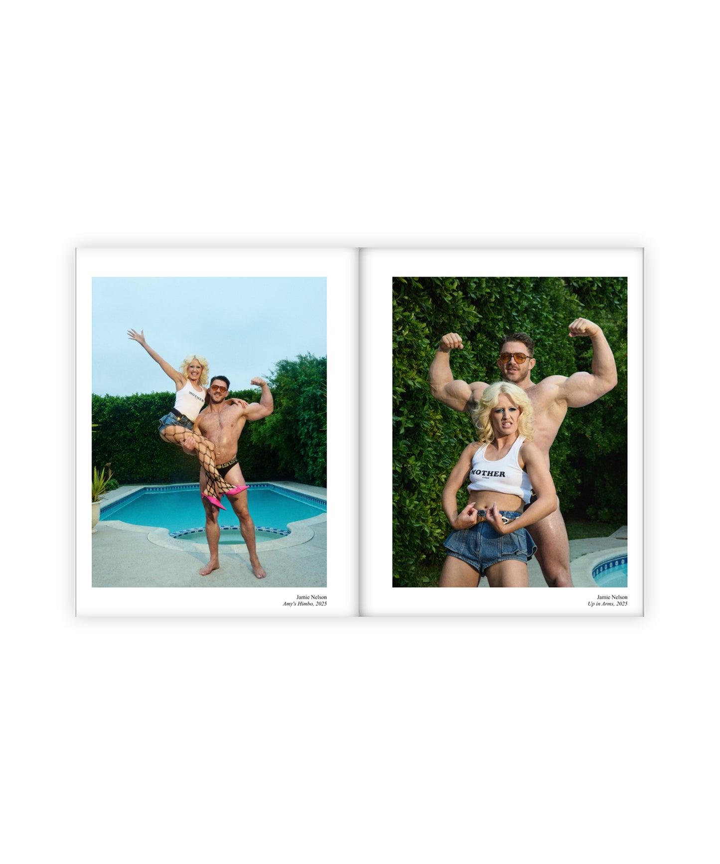 An open magazine showing two images. The image o the left features a buff man holding a blonde woman with one arm next to a pool. The image on the right features a blonde girl flexing her muscles and a muscular man behind her also posing with his biceps flexed.