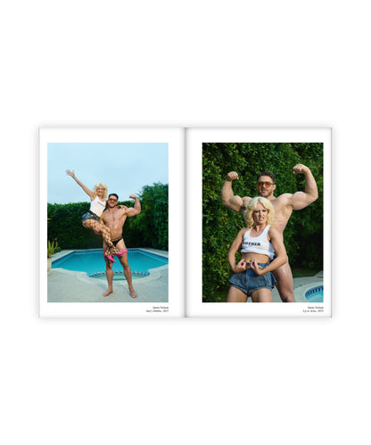 An open magazine showing two images. The image o the left features a buff man holding a blonde woman with one arm next to a pool. The image on the right features a blonde girl flexing her muscles and a muscular man behind her also posing with his biceps flexed.