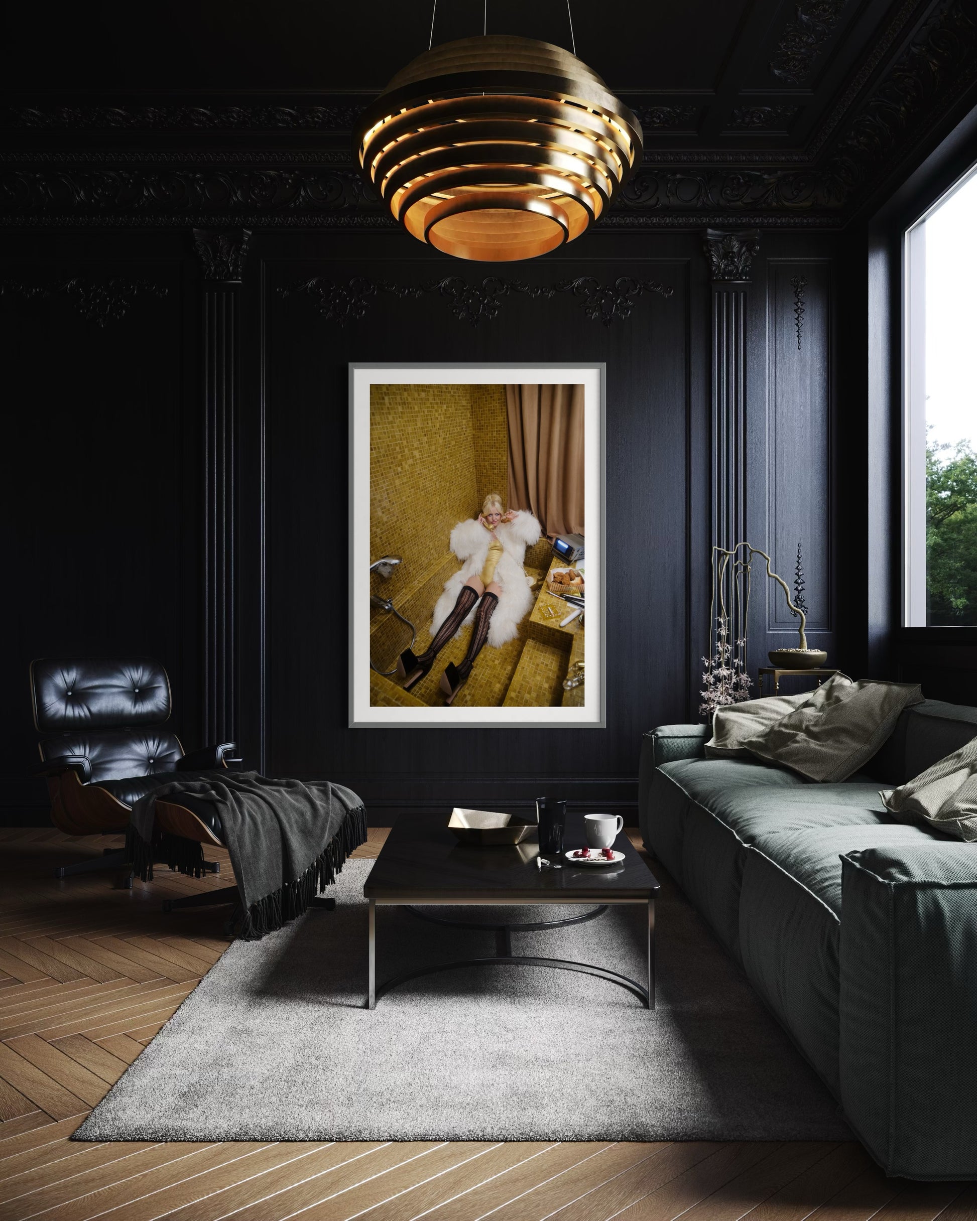 Artwork Amy Taylor laying in gold bath tub while on a vintage telephone.