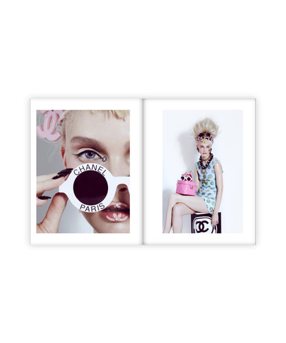 Two framed pictures of a person with bouffant styled hair wearing all Chanel designer clothes, one featuring Chanel logo sunglasses, on a white background.