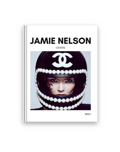A book cover featuring the photography work of Jamie Nelson. A person is featured wearing a helmet with a Chanel logo and the book is titled 'Chanel'.