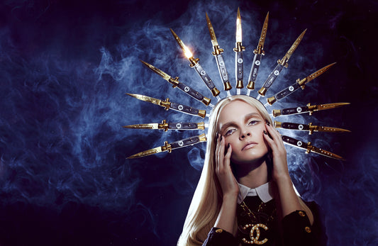 Religious Saint Woman wearing Chanel designer tiara crown made of switchblade knives photographed by Jamie Nelson Top Fine Art Beauty photographer Los Angeles NYC