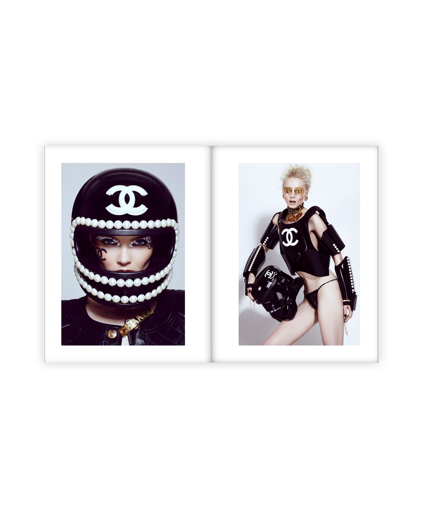 Two framed images of a person wearing a Chanel custom pearl helmet and another in a black Darth Vader outfit with Chanel branding.