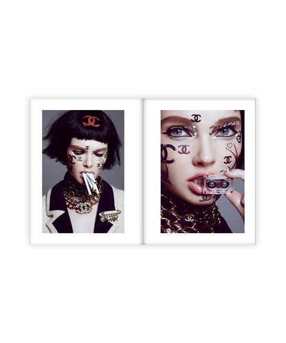 Images from Jamie Nelson's photography book of a person covered with Chanel face tattoos, clothing, and accessories on a white background.