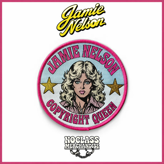 Vintage style embroidered copyright path with the words "Jamie Nelson" and "Copyright Queen" written on it and an illustrated 80's style cartoon portrait of Jamie Nelson with her signature blonde Farrah Fawcett flipped hair.