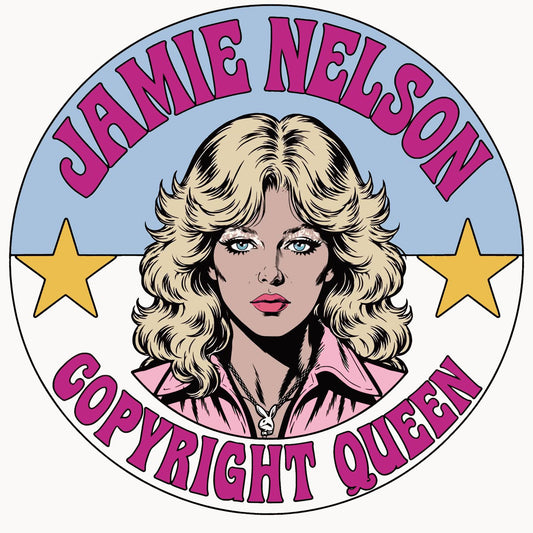A circular 70's style round embroidered patch with "Jamie Nelson Copyright Queen" written on it and an illustrated portrait of Jamie Nelson featuring her signature flipped out Farrah Fawcett styled hair.
