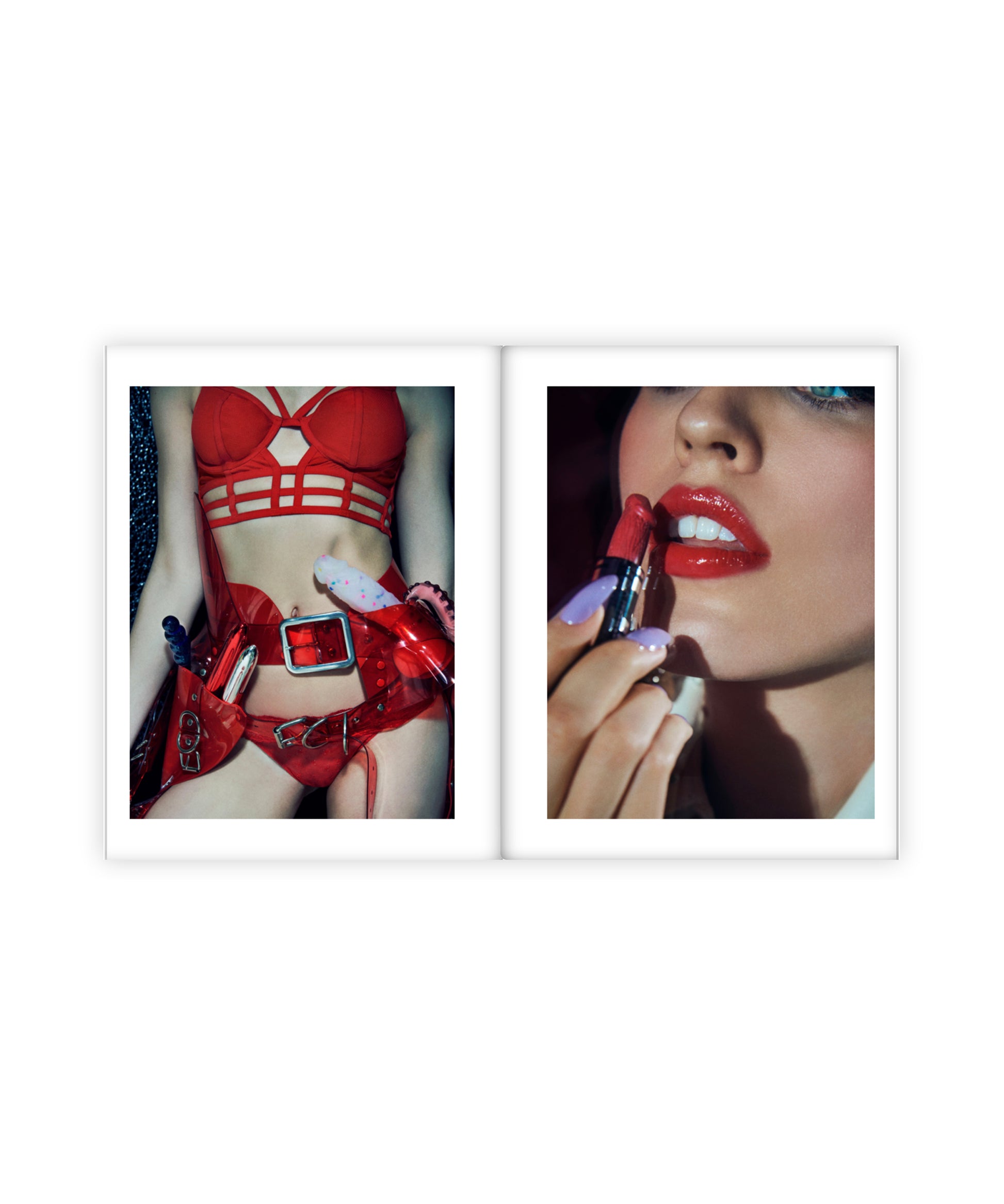 Two framed pictures showing a red bikini and a person applying lipstick.