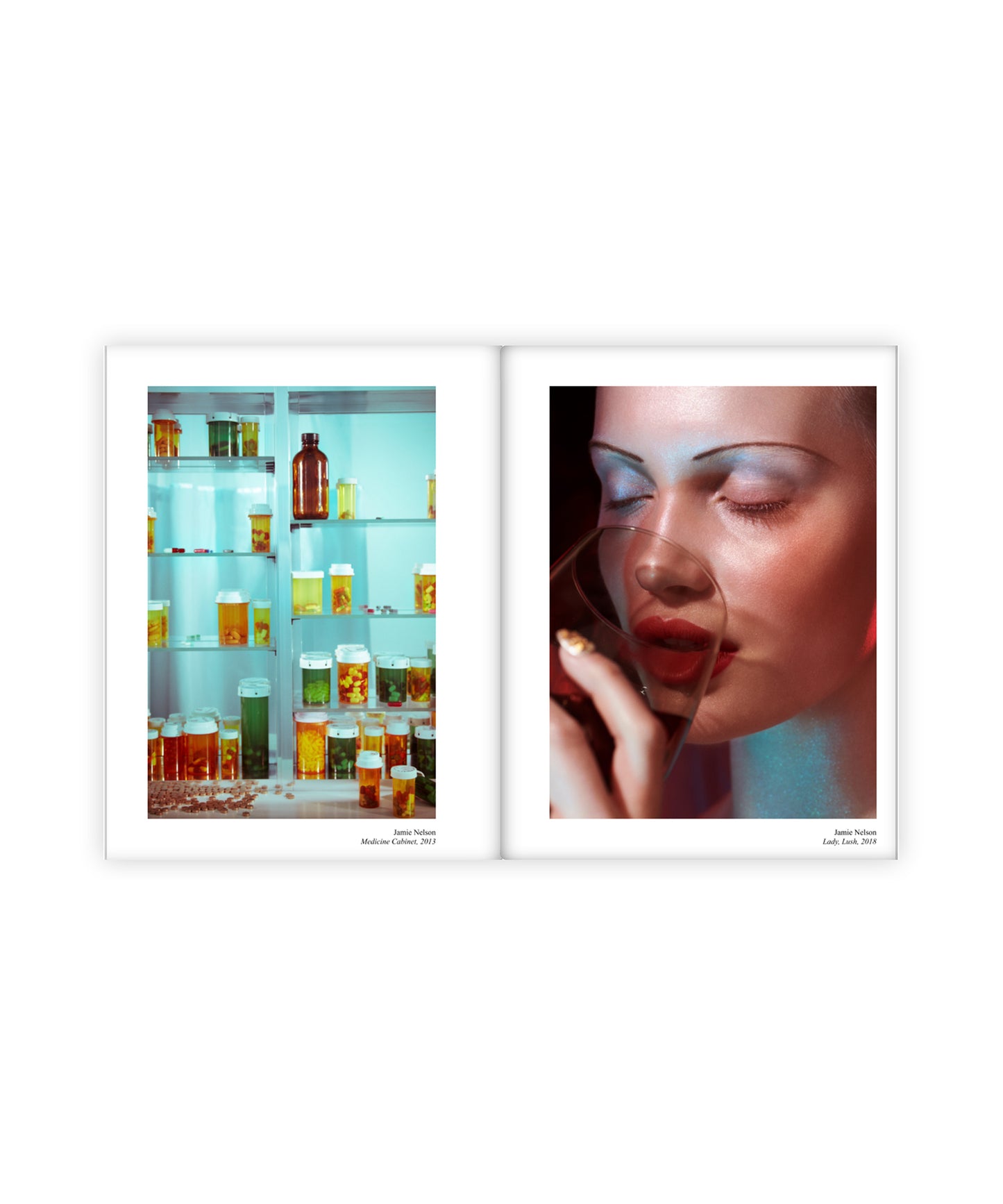 Two framed artworks on a white background, one with a colorful medicine cabinet full of pillsand the other with a close-up of a woman's face as she drinks out of a wine glass.
