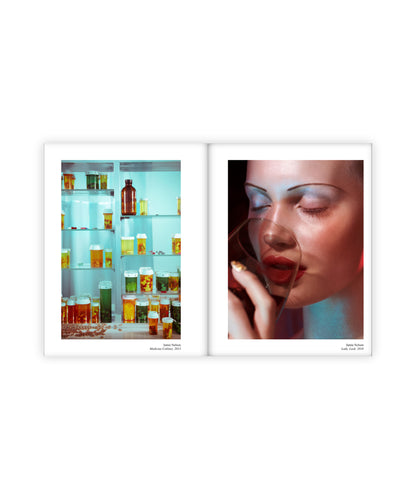 Two framed artworks on a white background, one with a colorful medicine cabinet full of pillsand the other with a close-up of a woman's face as she drinks out of a wine glass.