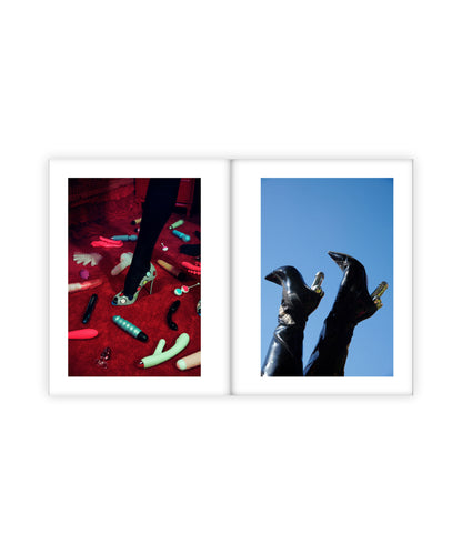 Two framed artworks side by side on a white background. One depicts colorful shoes on a red surface, the other shows black cowboy boots against a blue sky.