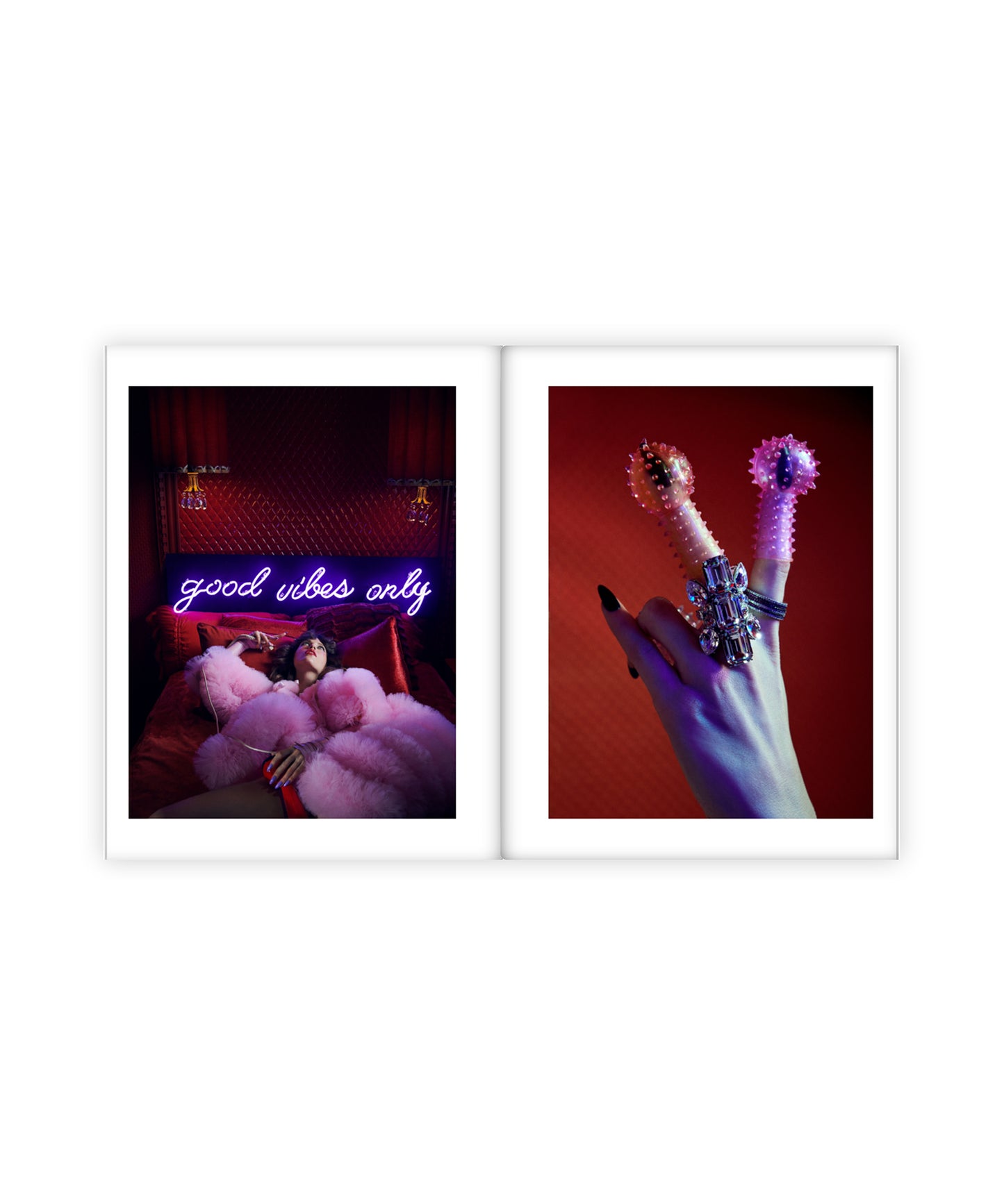 Two framed artworks on a white background. One features a neon sign 'good vibes only' and a person with a teddy bear, the other shows a hand with a ring and pink object.