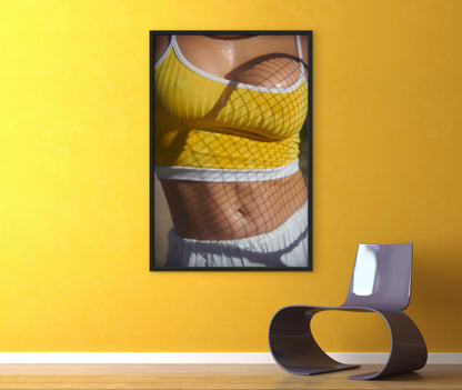 Artistic depiction of a female tennis player wearing 70s retro  yellow cropped tank top with abs showing and sweaty boobs and stomach.