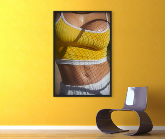 Artistic depiction of a female tennis player wearing 70s retro  yellow cropped tank top with abs showing and sweaty boobs and stomach.