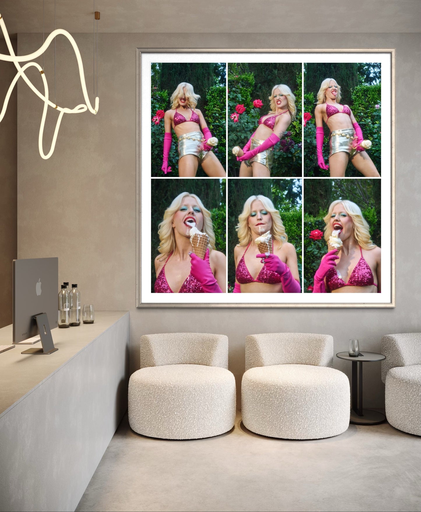 Six fine art images of Amy Taylor (Amyl and the Sniffers) making rock and roll expressions. The images are placed in a grid pattern and are framed and hanging in a modern ice cream salon.