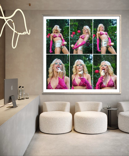 Six fine art images of Amy Taylor (Amyl and the Sniffers) making rock and roll expressions. The images are placed in a grid pattern and are framed and hanging in a modern ice cream salon.