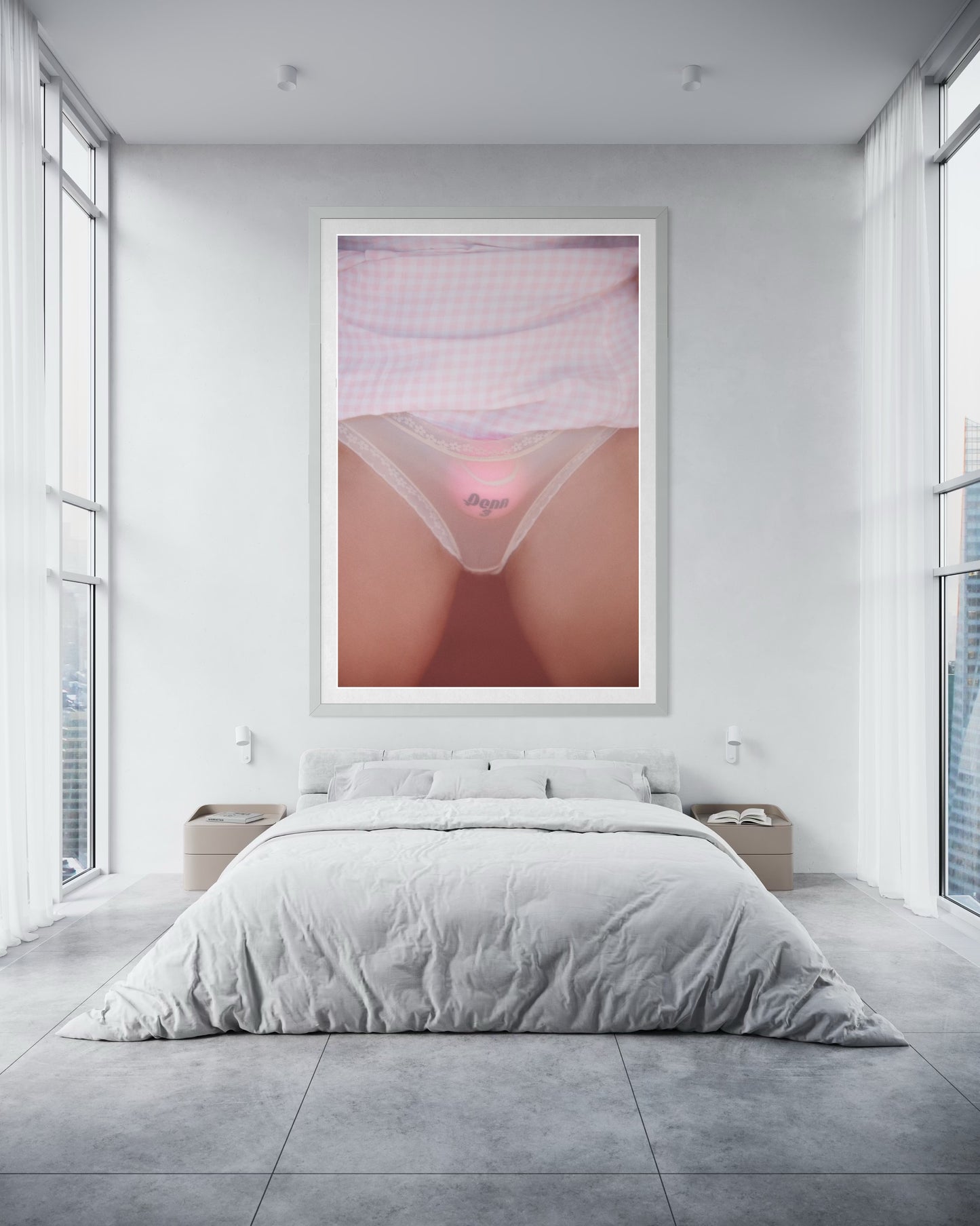 Fine art of a trans tennis player with a tennis ball stuffed in underwear hanging in a modern luxury style bedroom loft.