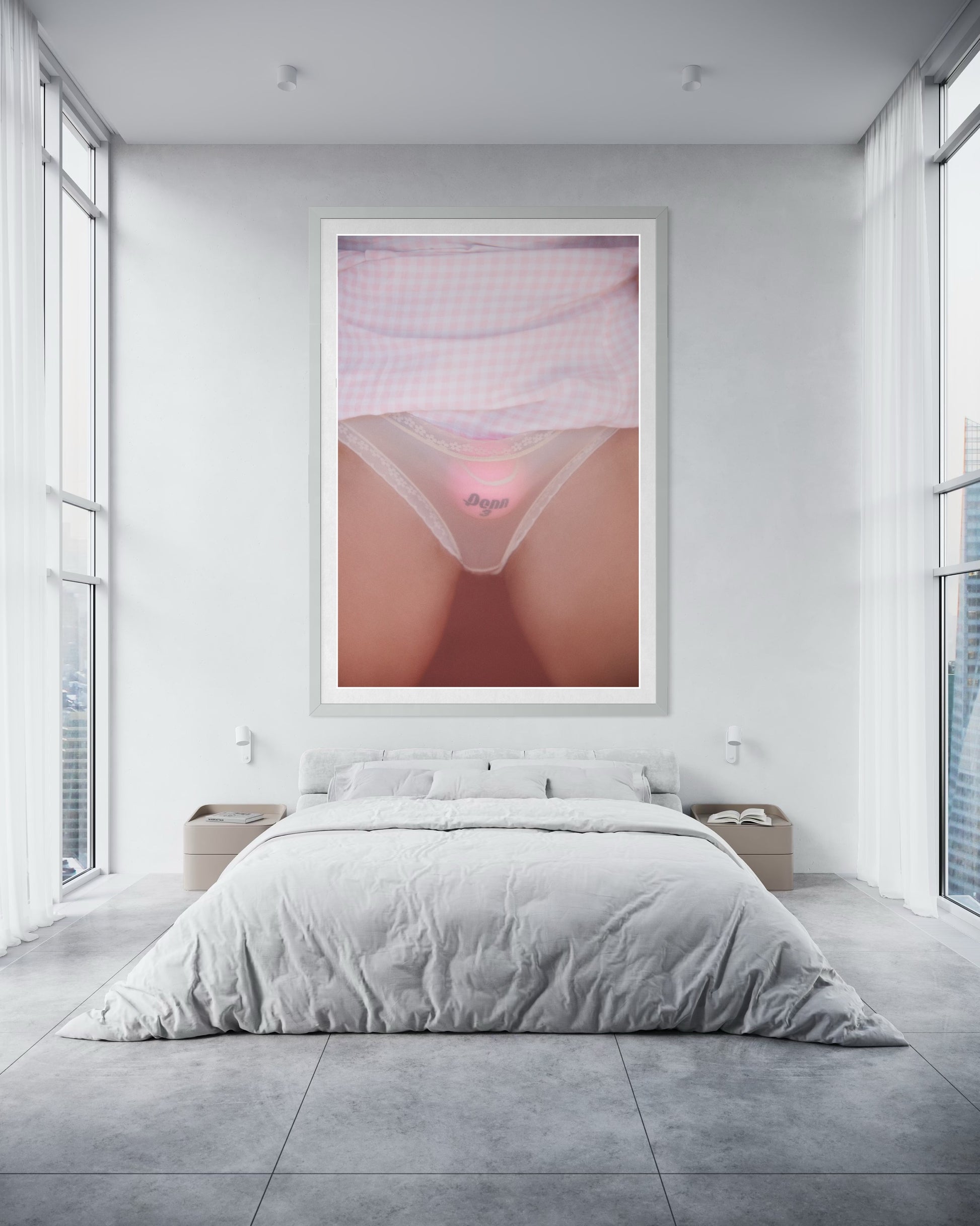 Fine art of a trans tennis player with a tennis ball stuffed in underwear hanging in a modern luxury style bedroom loft.