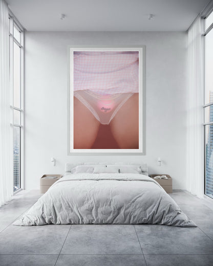 Fine art of a trans tennis player with a tennis ball stuffed in underwear hanging in a modern luxury style bedroom loft.