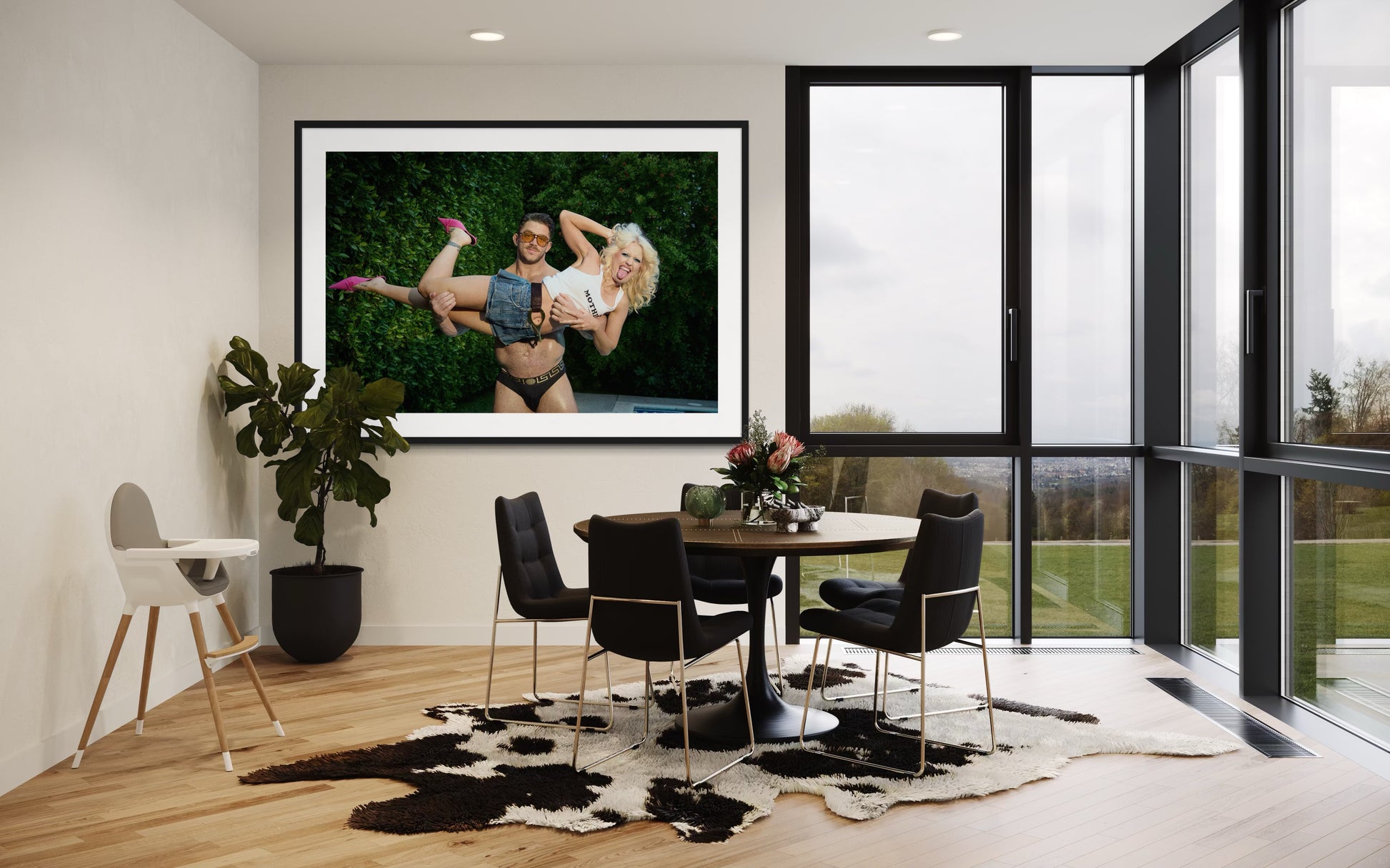 Large framed artistic photograph if Amy Taylor, punk front woman to Amyl and the Sniffers, being lifted by a muscular man.