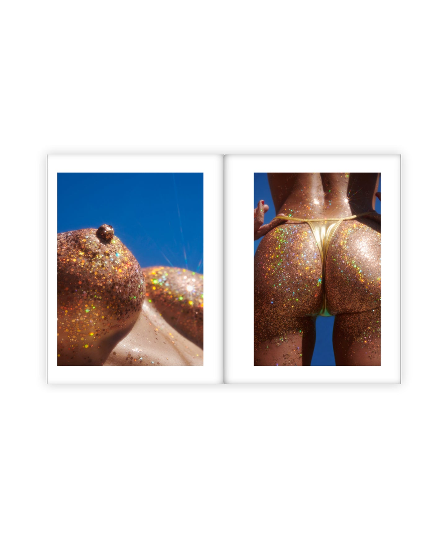 Two framed pictures of a person wearing glittery gold bikini against a blue sky.