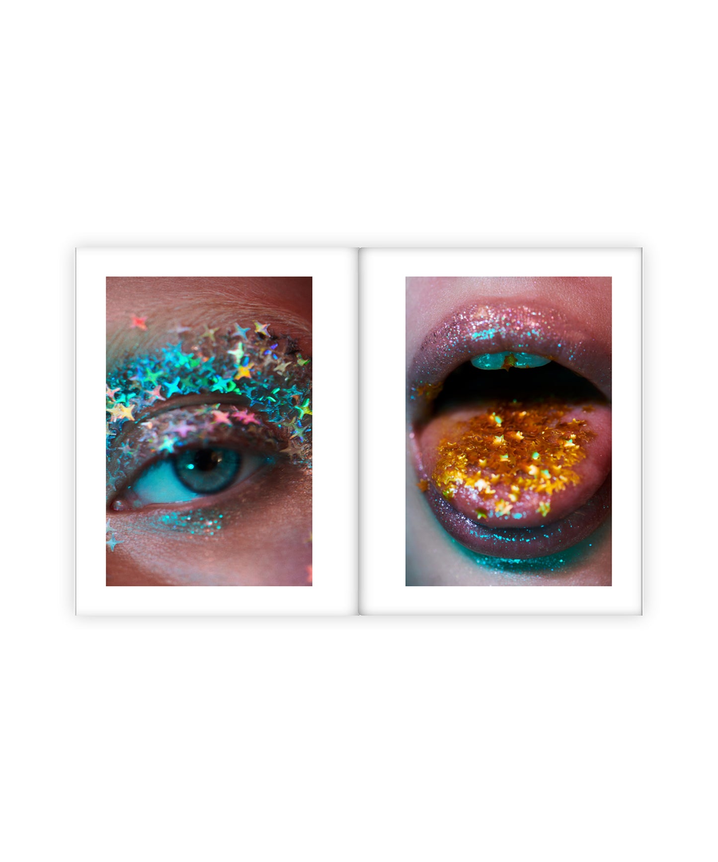 Two framed images of a person's eye and mouth with glitter makeup on a white background