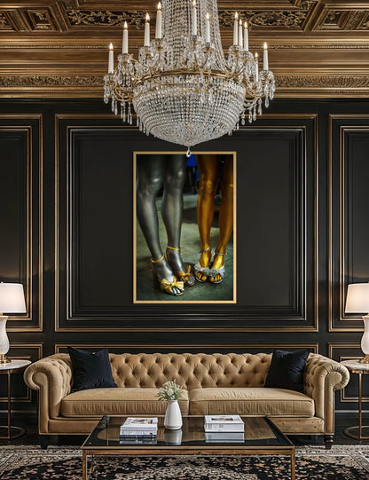 Luxurious living room with a chandelier, and beige sofa with framed artwork of metallic painted women's legs and feet wearing silver and gold open toed shoes with bows on them.