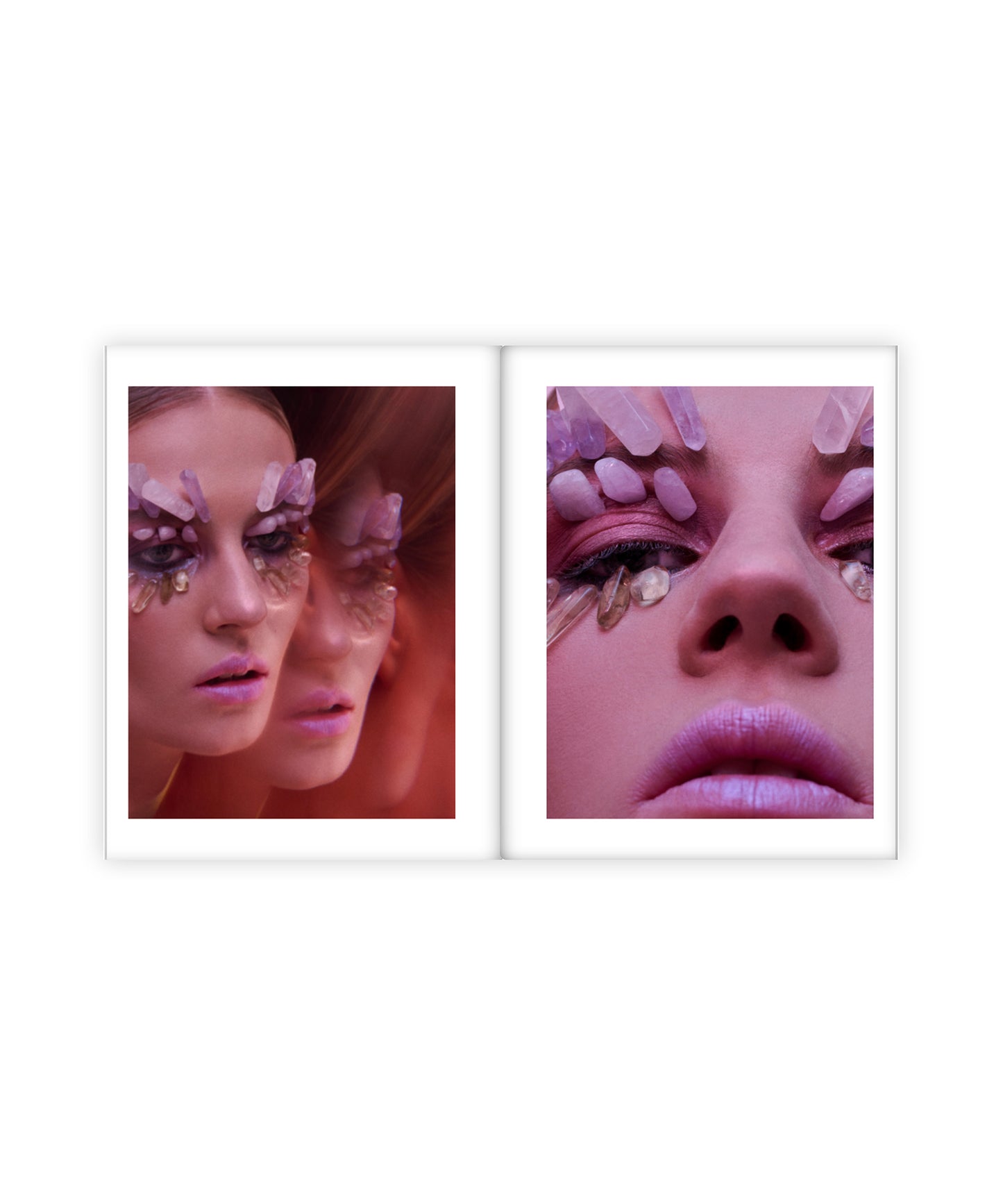 Two framed artworks of a woman's face with artistic makeup on a white background