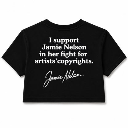 "I support Jamie Nelson in her fight for artists' copyrights T-shirt." The perfect gift for lawyers, litigants, pro se represented persons, or photographers, creators, graphic designers, and all visual artists who have been threatened with lawsuits. Funds go to support her fight in California federal court to protect the rights of photographers and artists everywhere: Amy Taylor vs. Jamie Nelson.