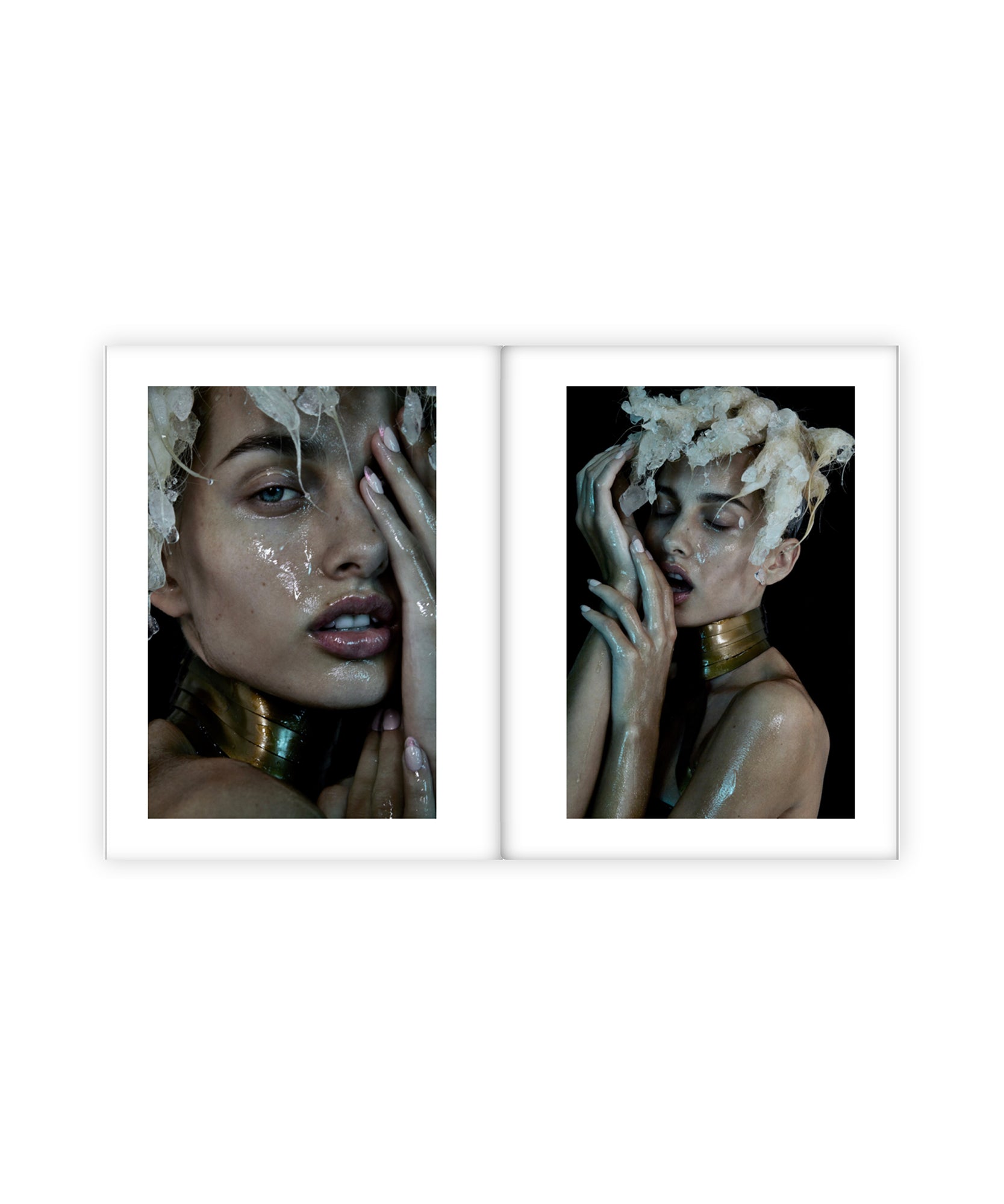 Two framed artworks of a woman with decorative elements on a white background