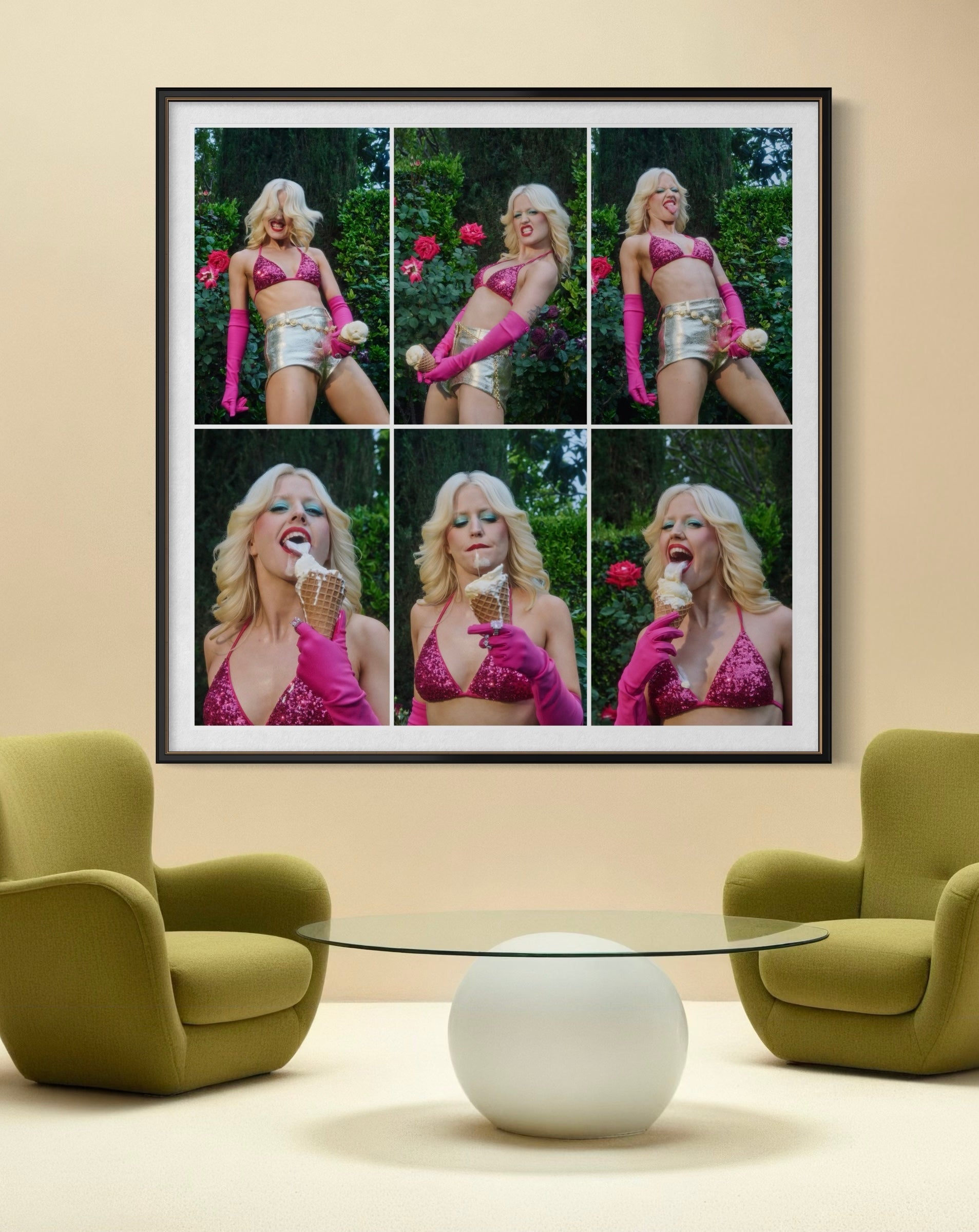 Framed artwork of Amy Taylor of Amyl and the Sniffers wearing a bikini which eating ice cream in a modern restaurant ice cream parlor setting.