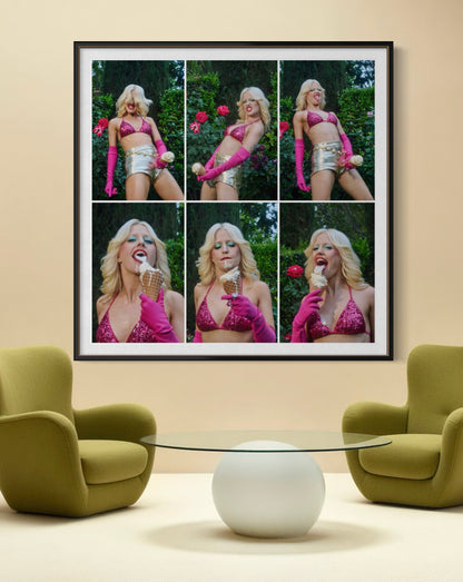 Framed artwork of Amy Taylor of Amyl and the Sniffers wearing a bikini which eating ice cream in a modern restaurant ice cream parlor setting.