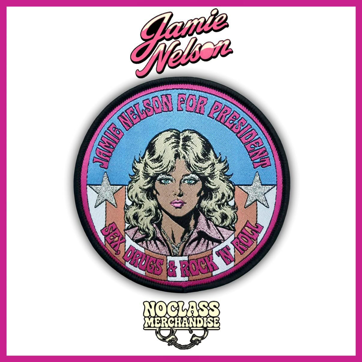 Sex, drugs, and rock 'n' roll patch by Jamie Nelson, photography rights advocate