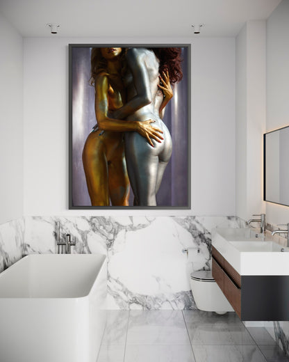 Modern bathroom with marble and a large framed artwork of two nude metallic painted lesbian women embracing on the wall.