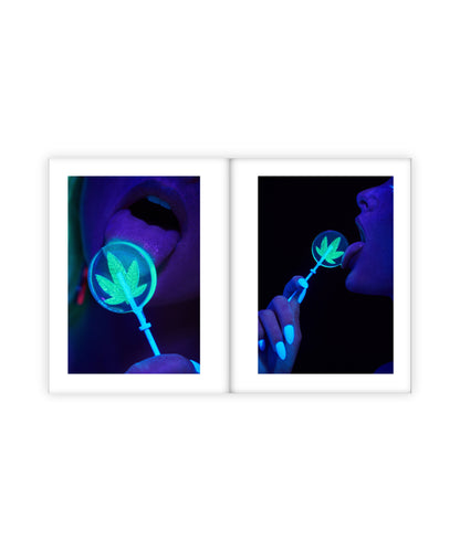 Two framed pictures showing a person holding a glowing blue object with a leaf design under UV light.