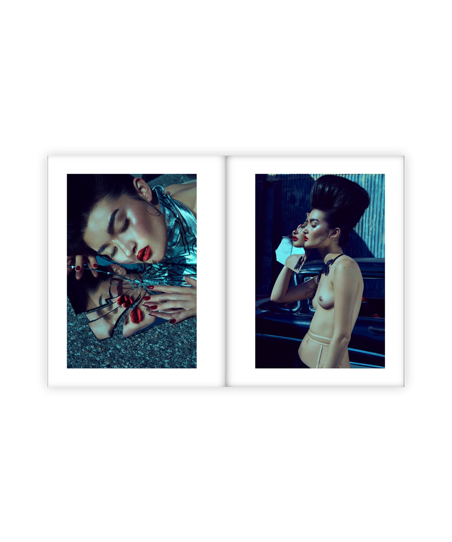Two framed photographs of a woman in a stylish setting.